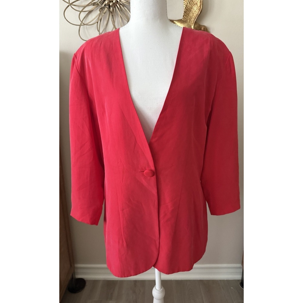 Vintage Papell Too 100% Silk Red Blazer Jacket Womens 14 Minimalist 90s